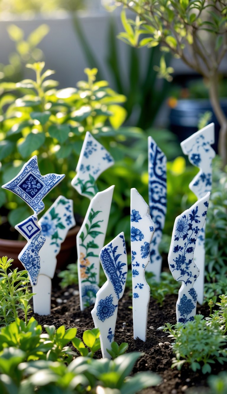 Decorated plant markers made from broken China porcelain pieces placed among green plants in a garden.